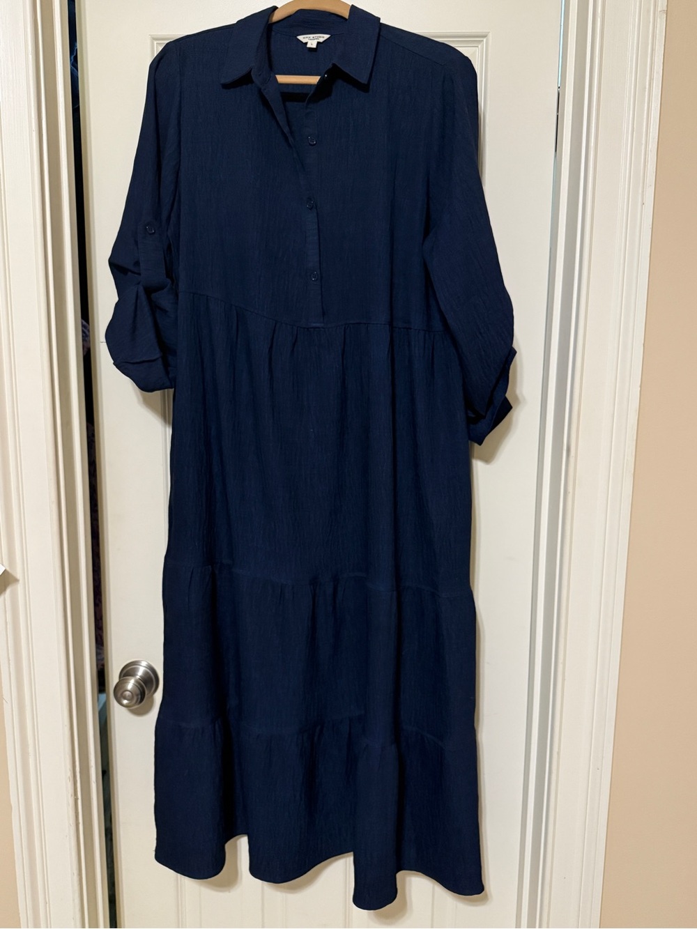 Max Studio Navy Maxi Shirt Dress with Tiered Skirt